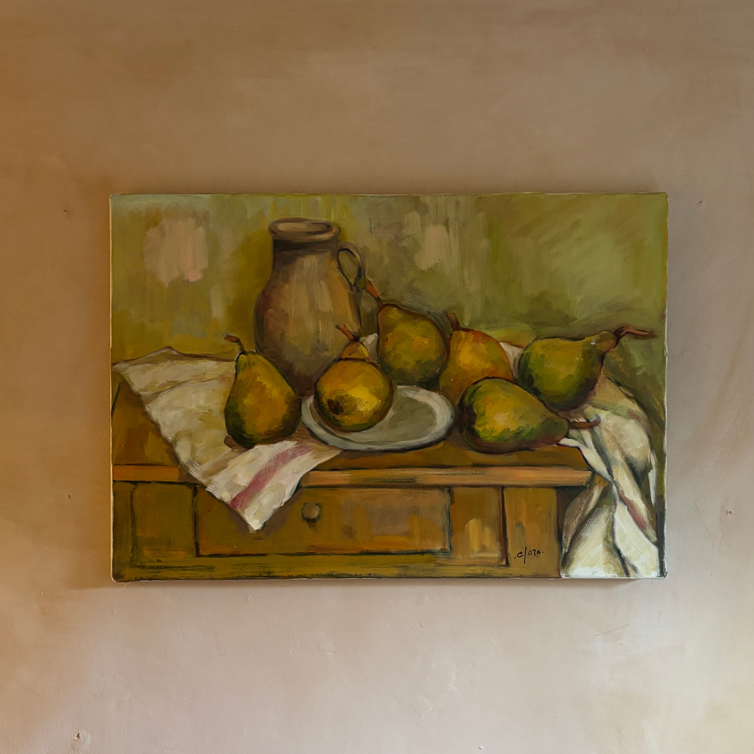 Impressionist work of art pears on table Penlen