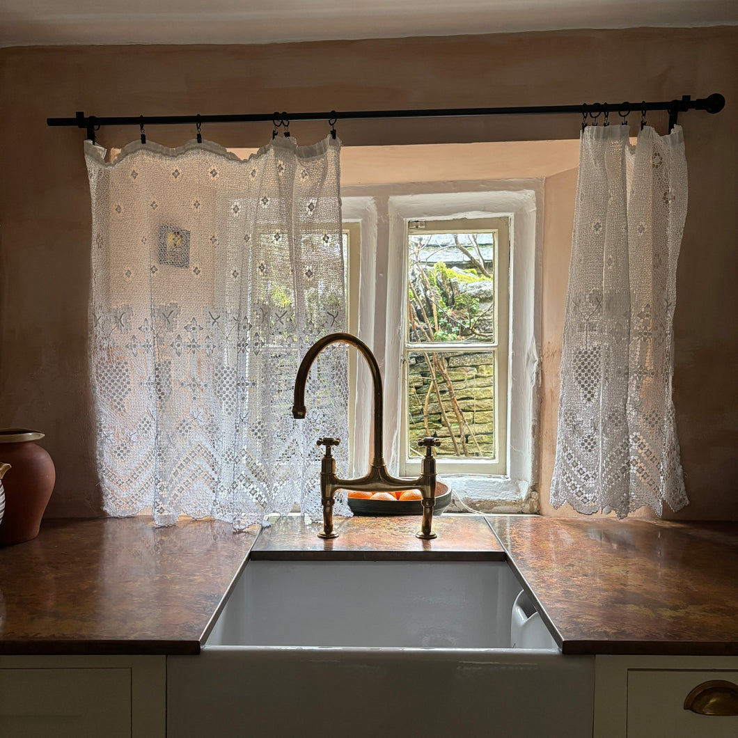 French antique lace cafe curtains in a cottage window by Penlen 