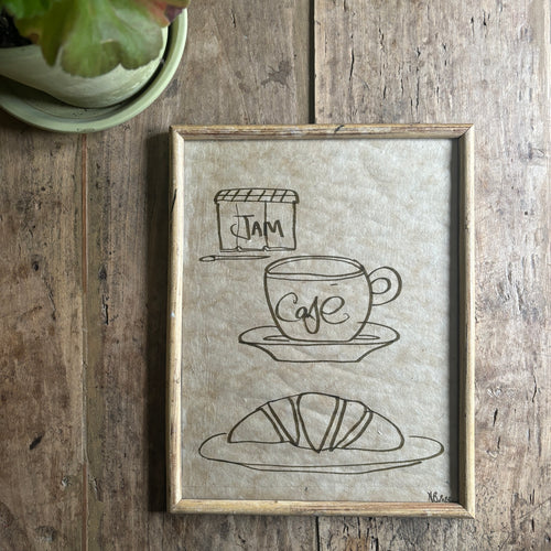 Original framed art work Line Drawing of Coffee  & croissant by Natasha Baker 